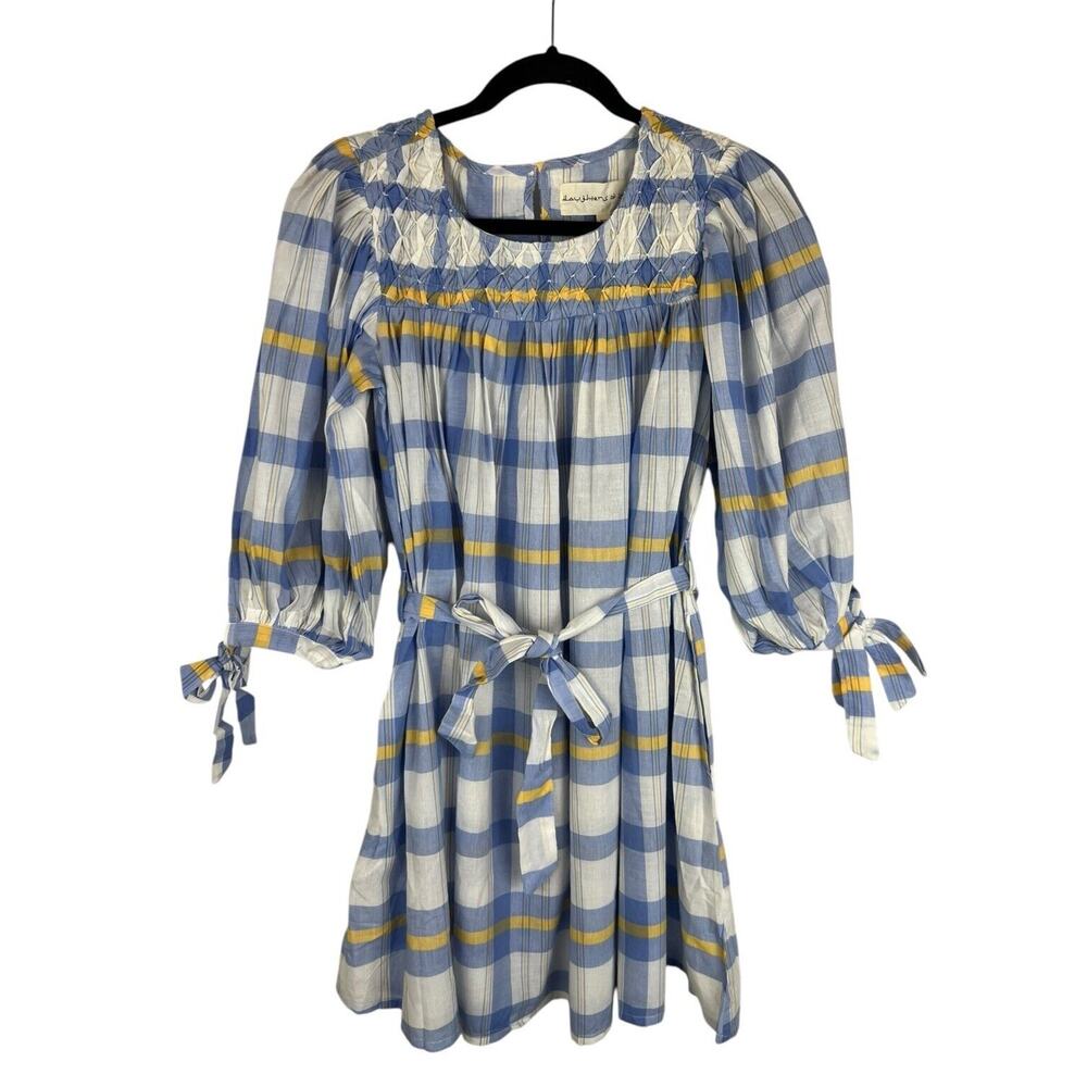 NEW Daughters of India Freya Plaid Dress Size XS Smocked Pockets Periwinkle Blue